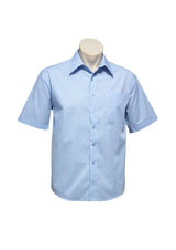 Mens Micro Check Short Sleeve Shirt in sky, featuring a classic collar, left chest pocket, and breathable cotton-poly blend.