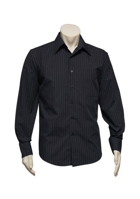 Men's Manhattan Long Sleeve Shirt in Black/White, 5XL size, featuring a relaxed fit, stylish pleats, and UPF protection.