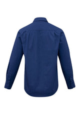 Men's Manhattan Long Sleeve Shirt in Blue/White, featuring UPF protection, curved hem, and chest pocket, size L.