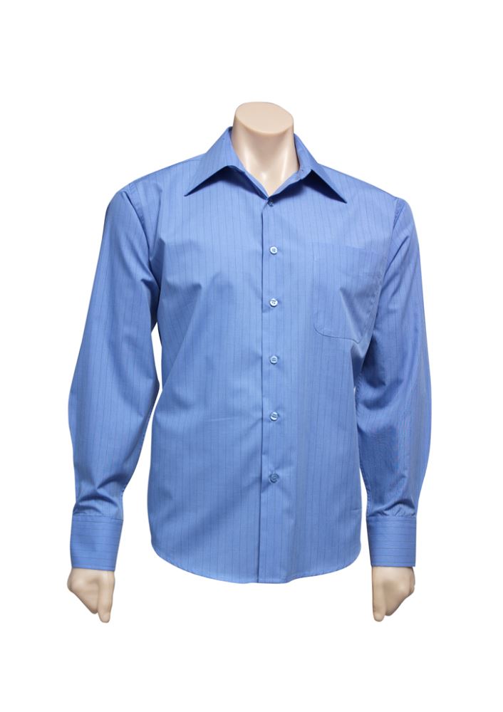 Men's Manhattan Long Sleeve Shirt in Mid Blue/Navy, 2XL, featuring breathable fabric, UPF protection, and practical chest pocket.