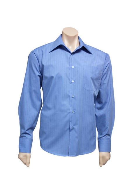 Men's Manhattan Long Sleeve Shirt in Mid Blue/Navy, featuring a chest pocket, curved hem, and excellent UV protection. Size S.