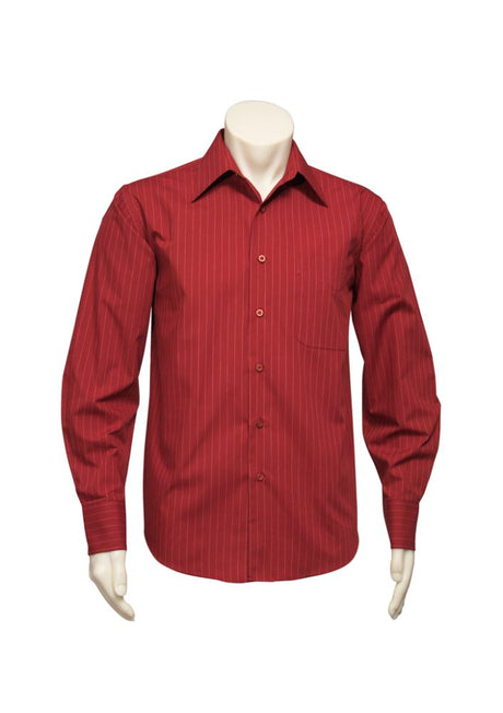 Men's Manhattan Long Sleeve Shirt in Cherry/White, Size L, featuring 2 pleats, curved hem, single pocket, breathable fabric.