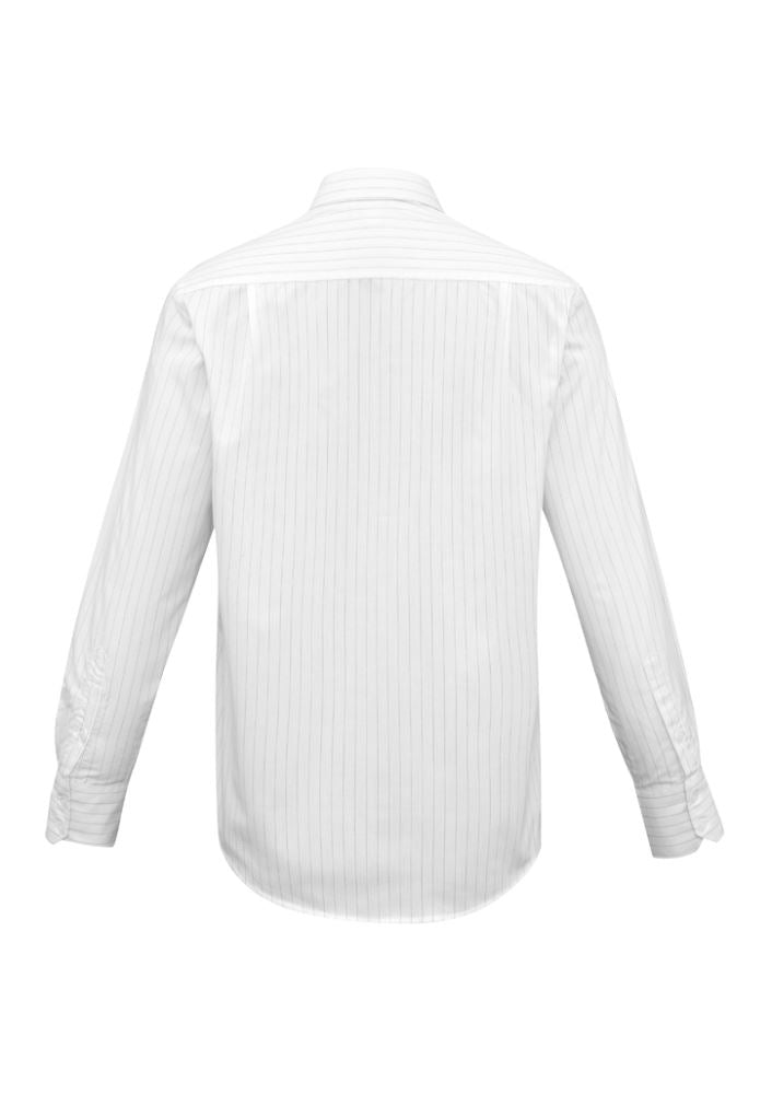 Men's Manhattan Long Sleeve Shirt in white and black, size XL, featuring a curved hem, pocket, and breathable fabric blend.