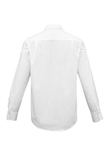Men's Manhattan Long Sleeve Shirt in white and black, size XL, featuring a curved hem, pocket, and breathable fabric blend.