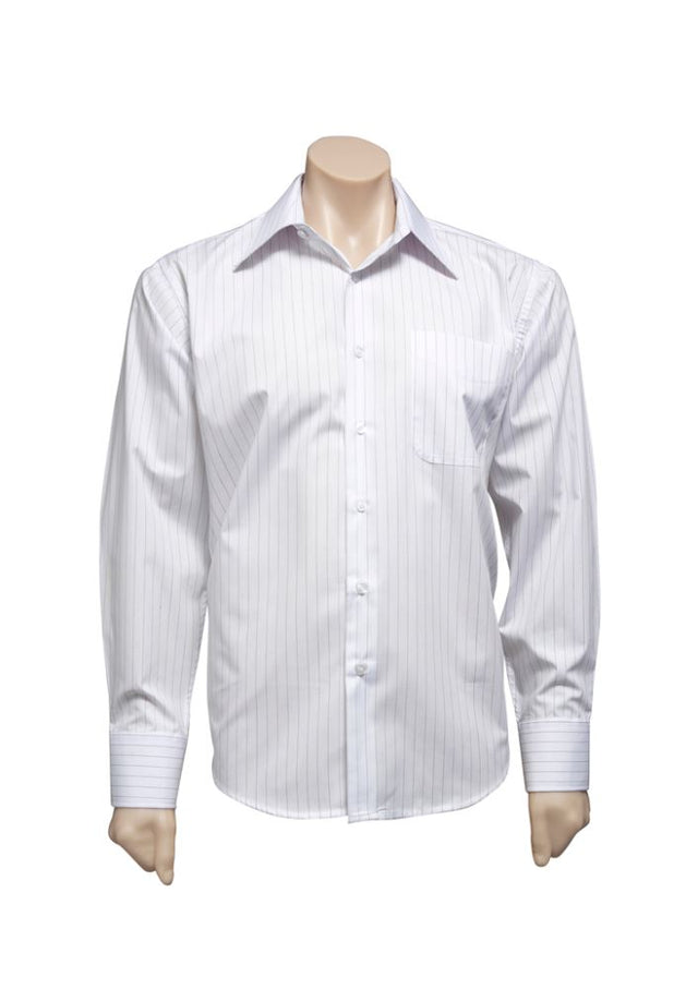 Men's Manhattan Long Sleeve Shirt in white and black, featuring two back pleats, a curved hem, and a chest pocket, size L.