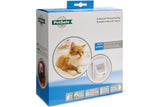 Magnetic 4-way locking cat door in white with clear flap, designed for cat independence and home security.