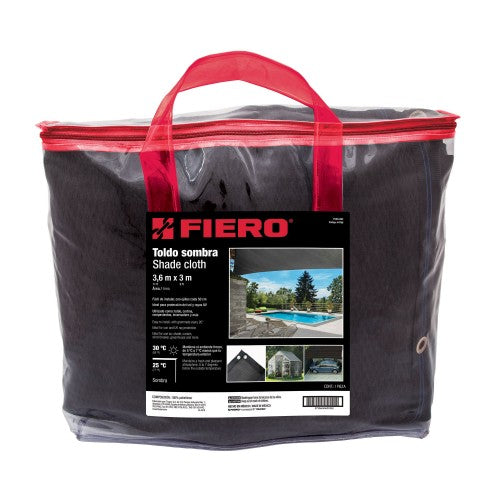 Black Fiero Shade Cloth (3 x 3.6m) for UV protection, lightweight, durable, easy to install with eyelets every 50 cm.