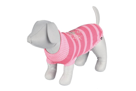 Stylish pink dog pullover jumper with polo neck, reinforced hem, and hind leg loops for small breeds, measuring 40cm.