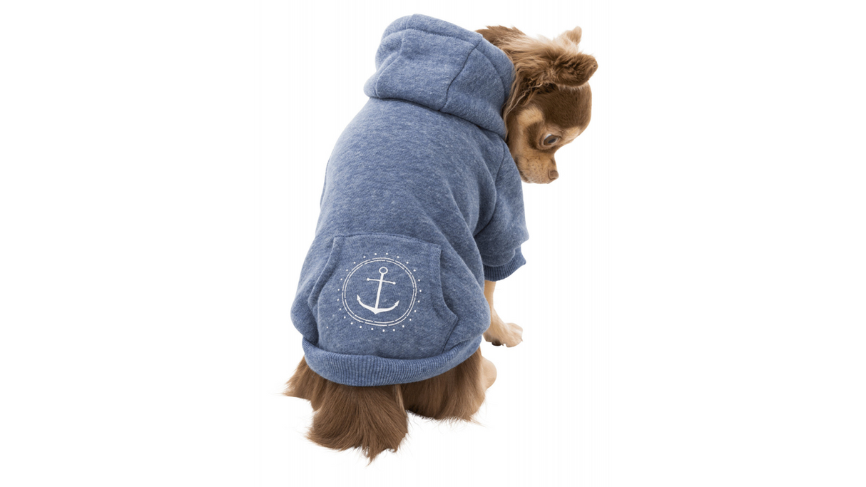 Blue BE NORDIC Dog Hoodie for medium dogs, featuring a cozy interior, functional hood, and supports maritime conservation efforts.