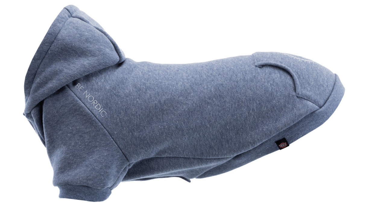 Blue BE NORDIC Dog Hoodie for medium dogs, cozy polyester with hood, warm inner lining, supports maritime conservation projects.