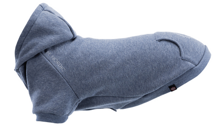 Blue BE NORDIC Dog Hoodie for large dogs, made from warm polyester with a secure hood and eco-friendly credentials.