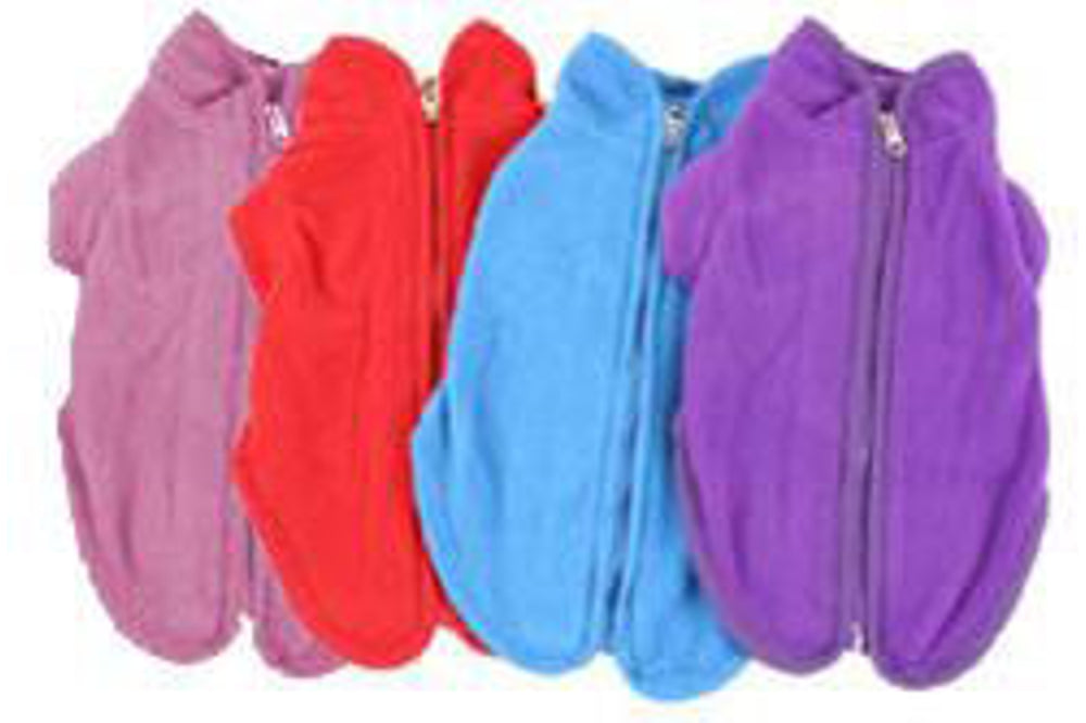 Purple polar fleece dog coat for small dogs, featuring a hood, hook and loop fastener, and soft inner layer for warmth.