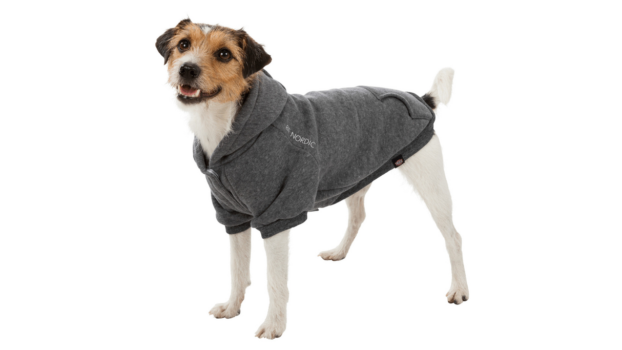 Dog hoodie in grey with cozy inner lining, adjustable hood, and sustainable design for medium-sized dogs.