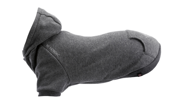 Grey dog hoodie for small to medium breeds, featuring warming inner fleece, adjustable hood, and eco-friendly design.