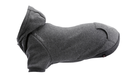 Dog hoodie in grey with a cozy hood, made from soft polyester, designed for warmth and comfort in chilly weather.