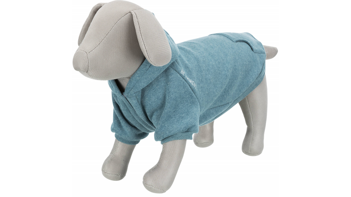 Teal dog hoodie for small breeds with a warm inner lining, hood, and secure fasteners for cozy, stylish walks.