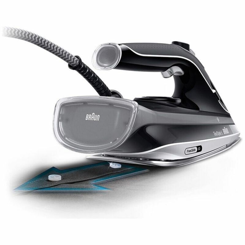 Braun Texstyle 5 Pro Steam Iron in Black with 2400W power, EloxaPlus soleplate, and 360° glide capability.