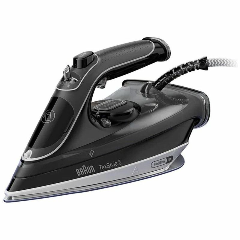 Braun Texstyle 5 Pro Steam Iron in black, featuring 2400W power, anti-drip system, and FreeGlide 3D Technology for effortless ironing.