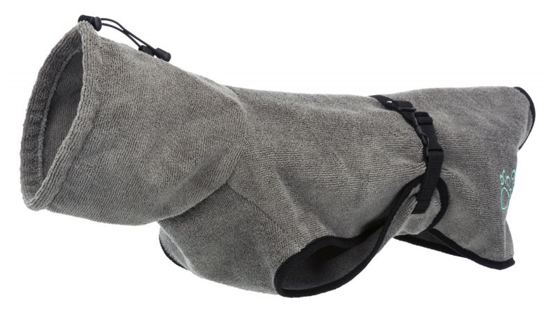 Grey XS bathrobe for small dogs, perfect for post-bath comfort and warmth, stylish design for tiny breeds.