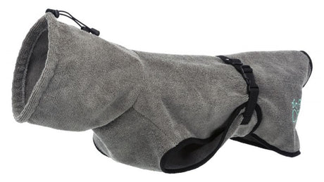 Grey XS bathrobe for small dogs, perfect for post-bath comfort and warmth, stylish design for tiny breeds.