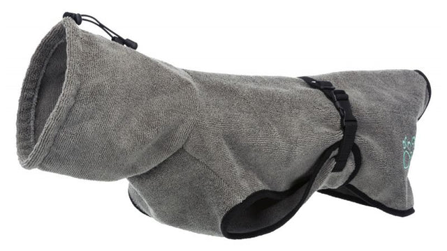 Grey XS bathrobe for small dogs, perfect for post-bath comfort and warmth, stylish design for tiny breeds.