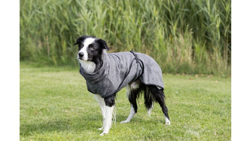 Soft grey bathrobe for small dogs, 30cm waist, perfect for post-bath comfort and cozy wear on cold days.