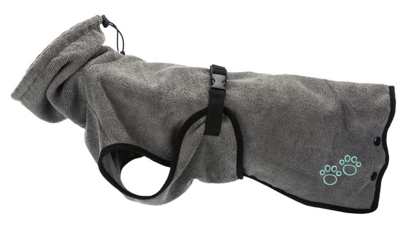 Grey medium dog bathrobe (50cm) made of soft terry cloth, featuring an adjustable collar and easy-on press studs.