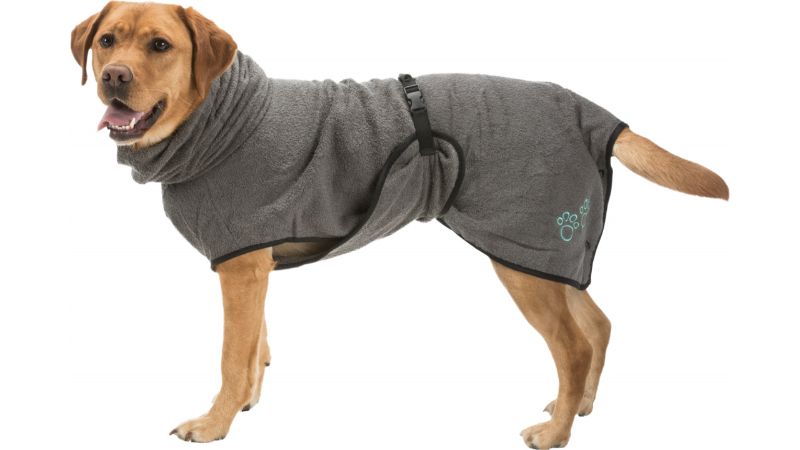 Grey medium dog bathrobe (50cm) made of soft terry cloth, adjustable collar, and belly strap for cozy, stylish comfort.