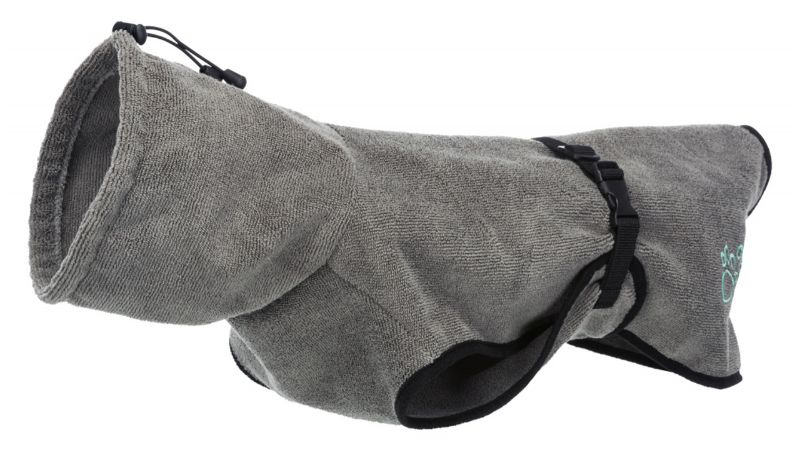 Grey bathrobe for medium dogs (50cm) in soft terry cloth, featuring adjustable collar and belly strap for warmth and comfort.