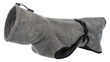 Grey bathrobe for large dogs, 60cm long, made of soft terry cloth; adjustable collar, belly strap, and easy to wear.