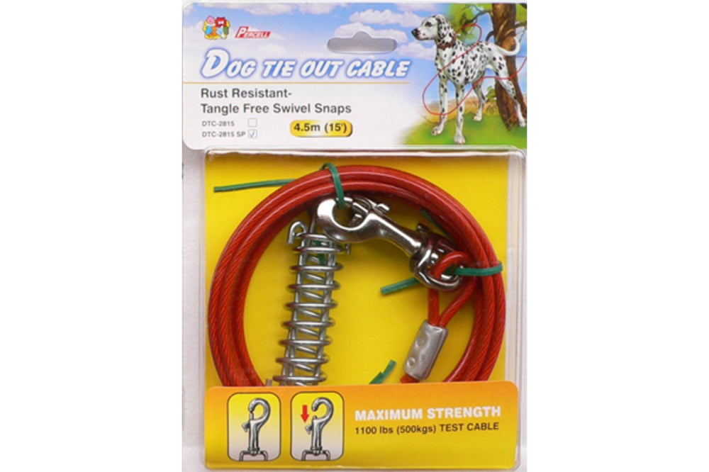 Rust-resistant 4.5m dog tie-out cable with tangle-free swivel snaps, designed for safe outdoor adventures.