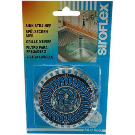 Siroflex Sink Strainer CP #2200/S: 80mm diameter, 10mm high, prevents clogs by catching food scraps in 30mm drains.