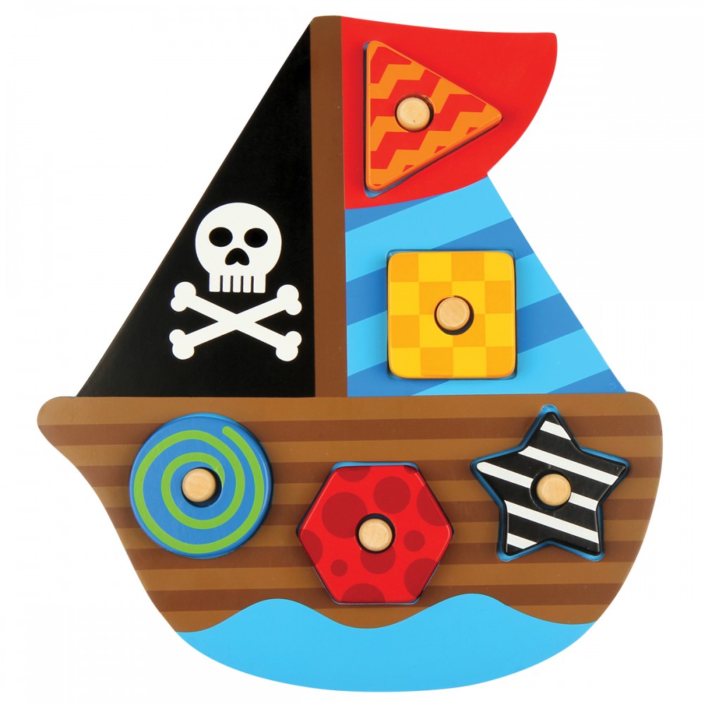 Colorful pirate-themed wooden peg puzzle for toddlers, promoting shape recognition and fine motor skills.