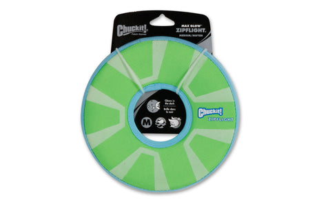 Medium Zipflight Max Glow Dog Toy, glowing fetch toy with fast-charging rubber for safe, visible play at night.