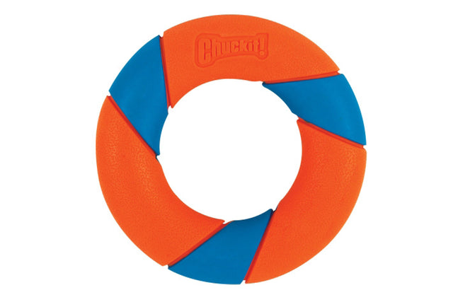 Vibrant Chuckit! Ultra Ring dog fetch toy designed for energetic play with erratic bounce and topspin action.