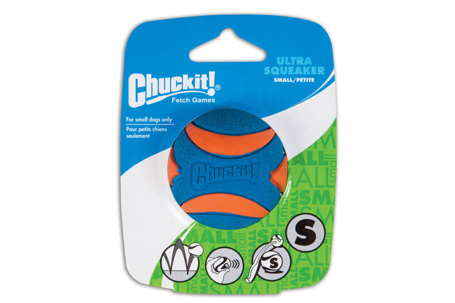 Vibrant Chuckit! Ultra Squeaker Ball for small dogs, featuring a high bounce, squeaker, and buoyant design for exciting fetch play.