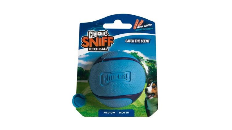 Medium-sized Sniff Fetch Ball for dogs, infused with bacon scent, made of durable rubber for exciting outdoor play.