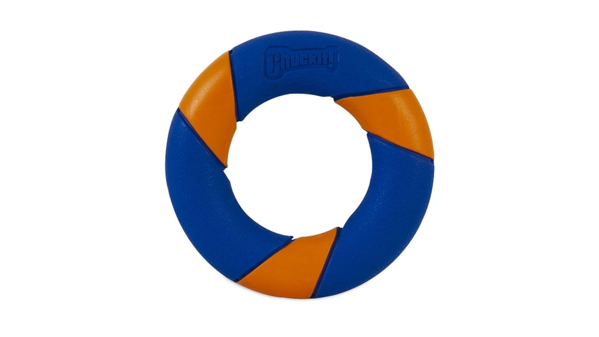 Bright orange 12.5cm rubber ring dog toy with squeaker; designed for erratic bounce and engaging fetch play.