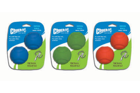 Vibrant small dog fetch balls in a 2-pack, made of natural rubber for safe, high-bounce fun during playtime.