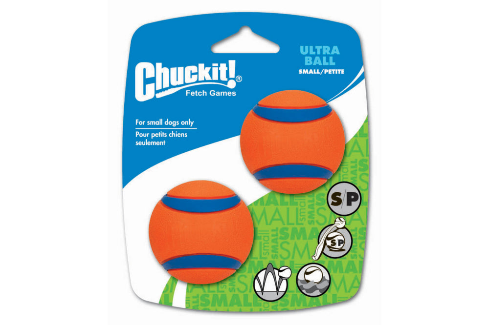 Brightly colored Chuckit! Ultra Ball for dogs, designed for fetch with high bounce, buoyancy, and durability; 2-pack.