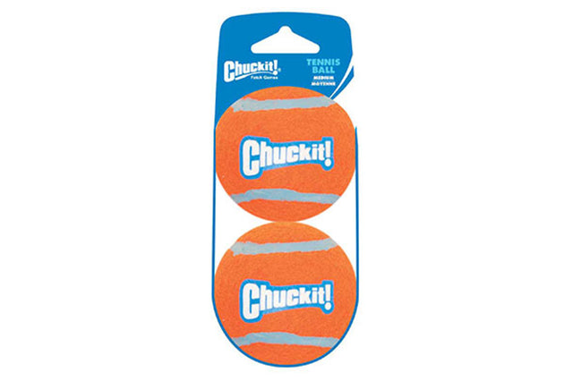 Two-pack of Chuckit! Tennis Balls for small dogs, designed for high bounce and water play, compatible with Mini Ball Launcher.