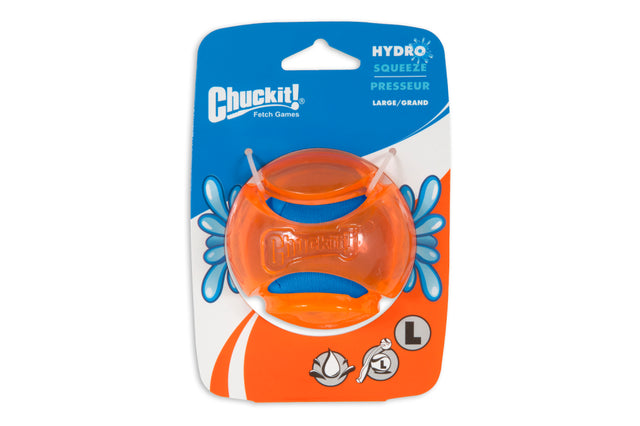 Bright orange and blue Chuckit! Hydrosqueeze dog toy that holds and releases water for cool summer play.