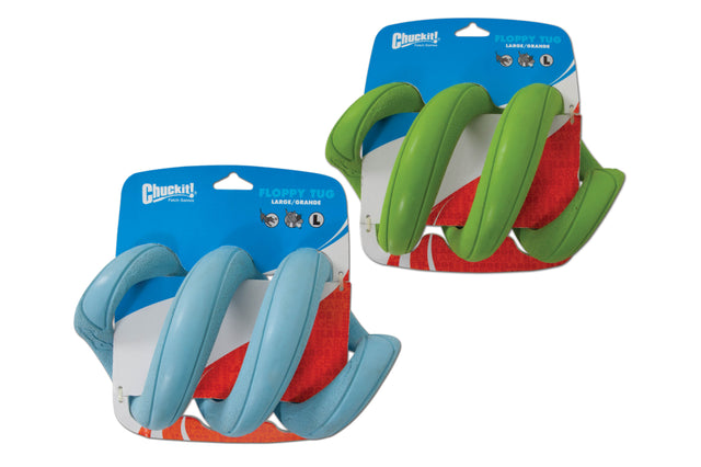 Durable Chuckit! Floppy Tug Large dog toy with coiled spring design for interactive tugging and fetch play. Colors vary.