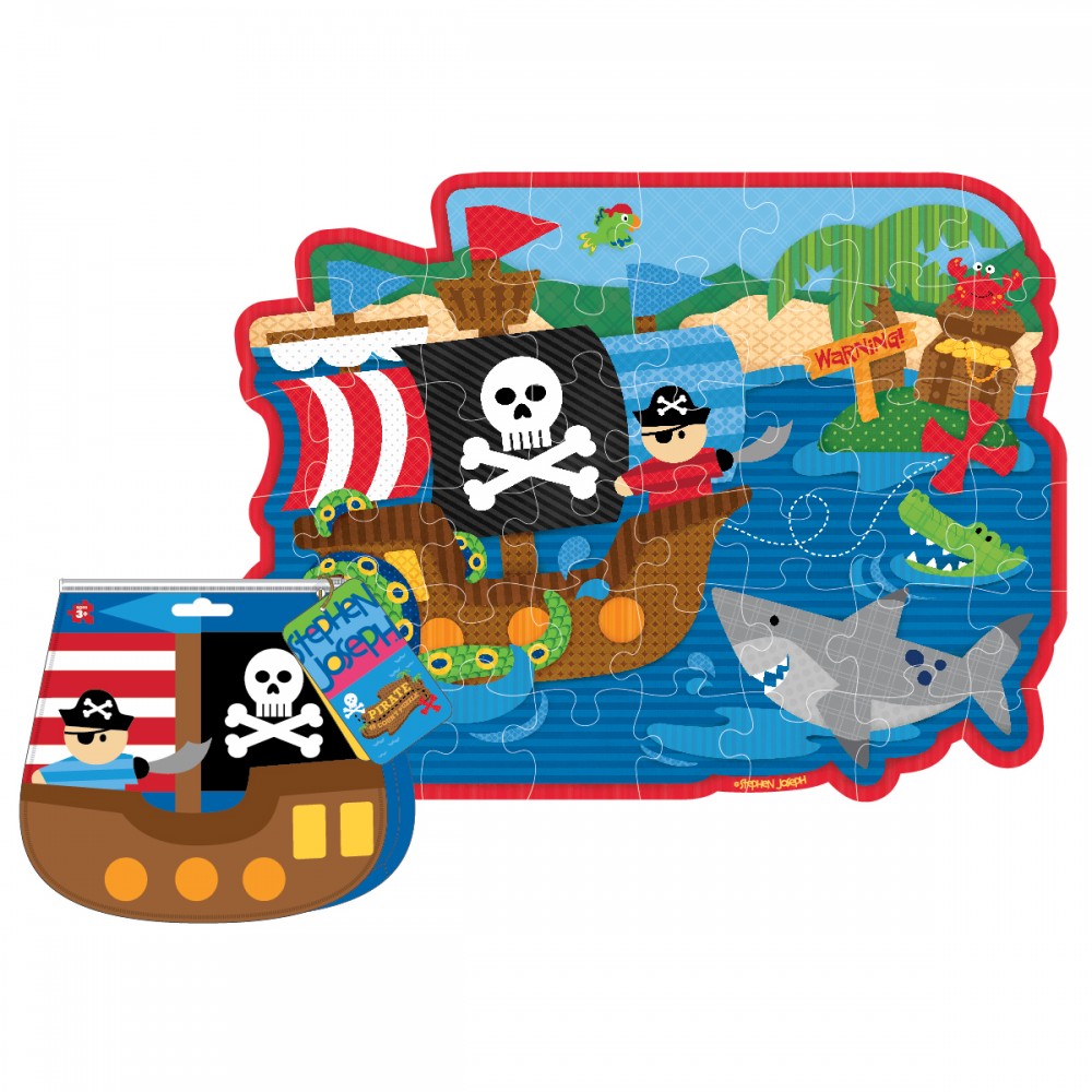 Colorful 48-piece pirate puzzle designed for children, promoting problem-solving and hand-eye coordination, with matching storage pouch.