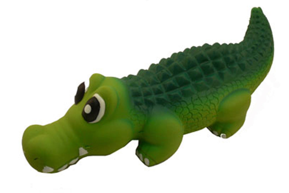 Squeaky latex crocodile dog toy, 21cm long, safe, durable, promotes play and exercise with an enticing squeaker.