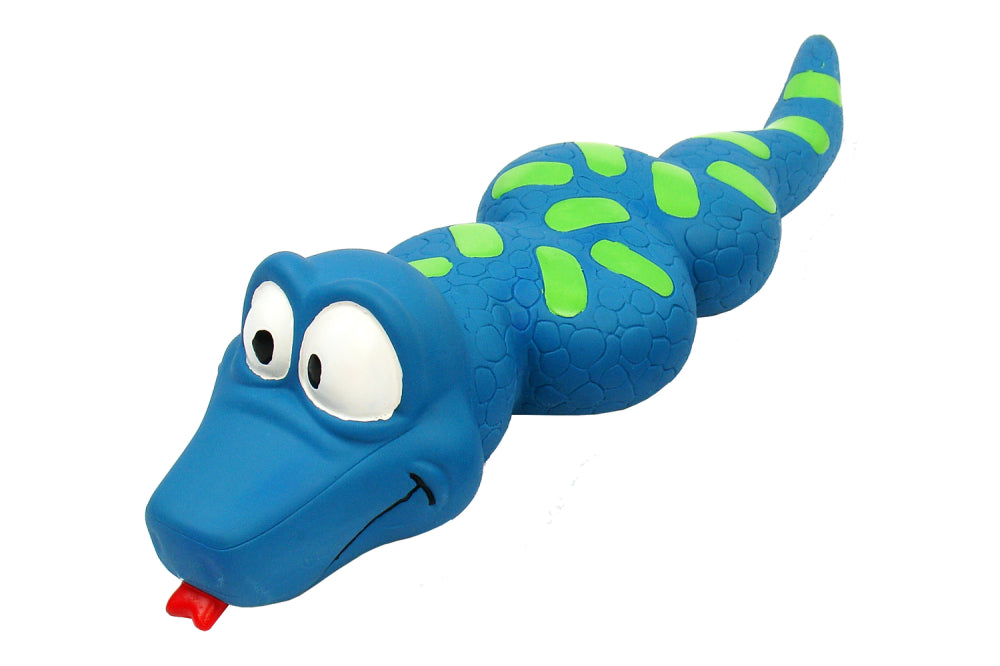 Squeaky latex snake dog toy, 14cm long, safe, non-toxic, provides hours of fun and exercise.