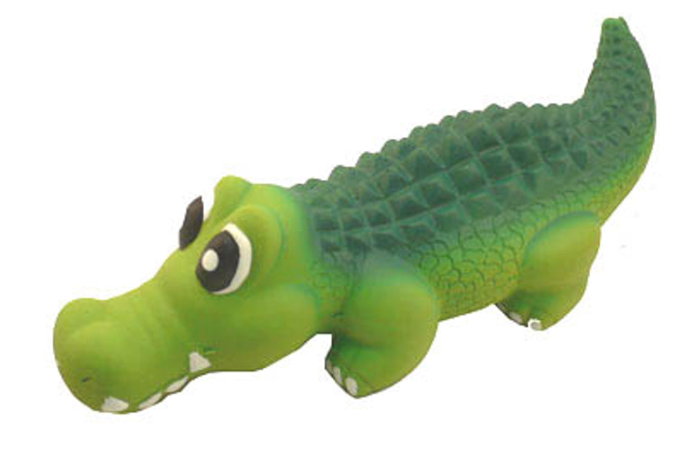 Vibrant 35cm squeaky crocodile dog toy made from safe, durable latex and vinyl, designed for interactive play and exercise.