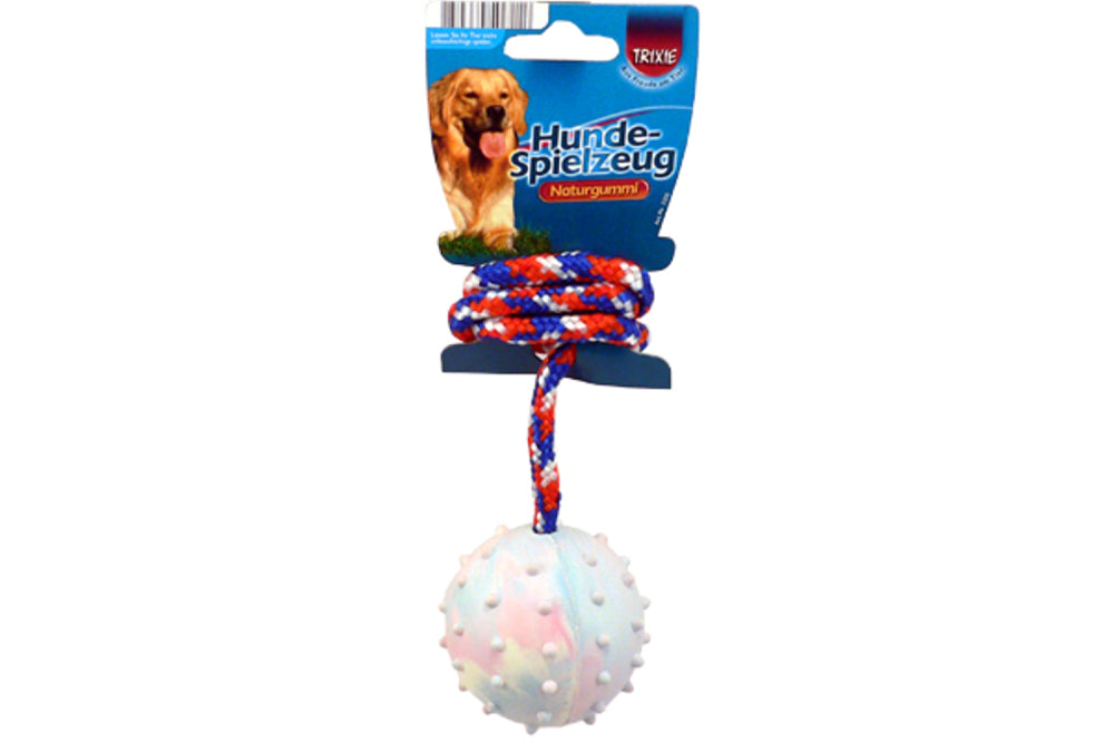 Vibrant 6cm rubber throw ball with rope for dogs, promoting fun, exercise, and interactive playtime. Safe and durable design.