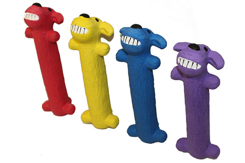 Squeaky Loofa Dog Toy in vibrant colors, 22cm long, made of non-toxic latex and vinyl, perfect for engaging playtime.