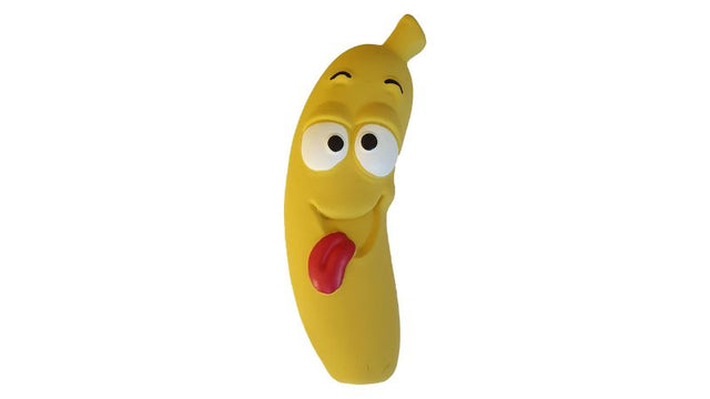 Vibrant 20cm latex banana dog toy with grunting sound, perfect for interactive play, gentle on teeth, ideal for small to medium dogs.